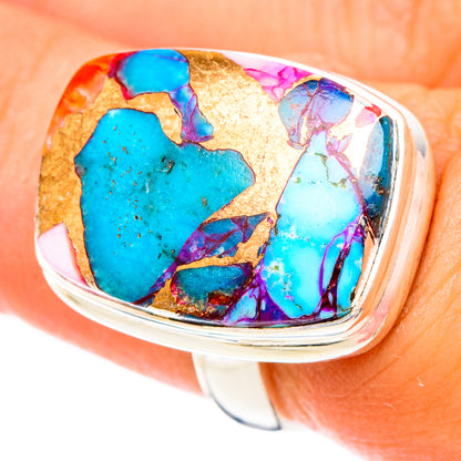 Sterling silver oval gemstone ring with turquoise, pink and purple mosaic in gold accents