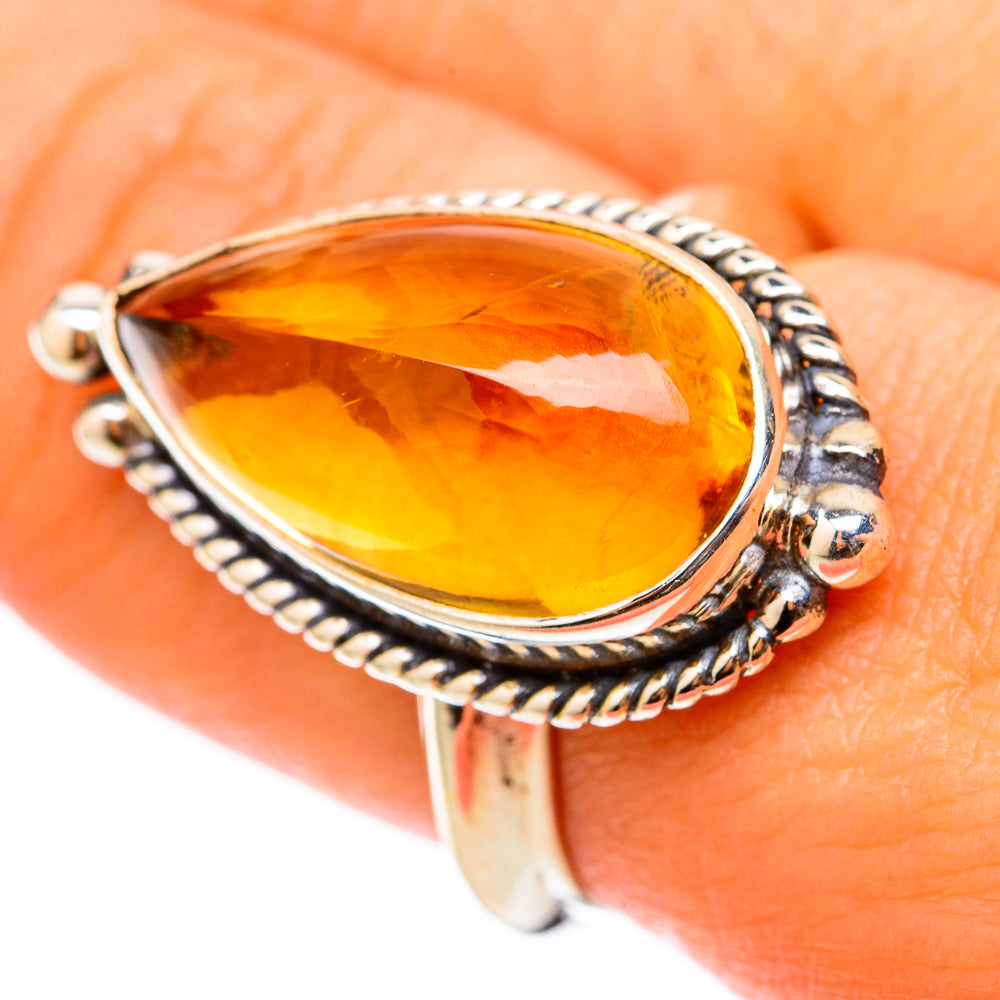 925 sterling silver citrine sugarloaf ring, oval teardrop amber stone in silver rope border