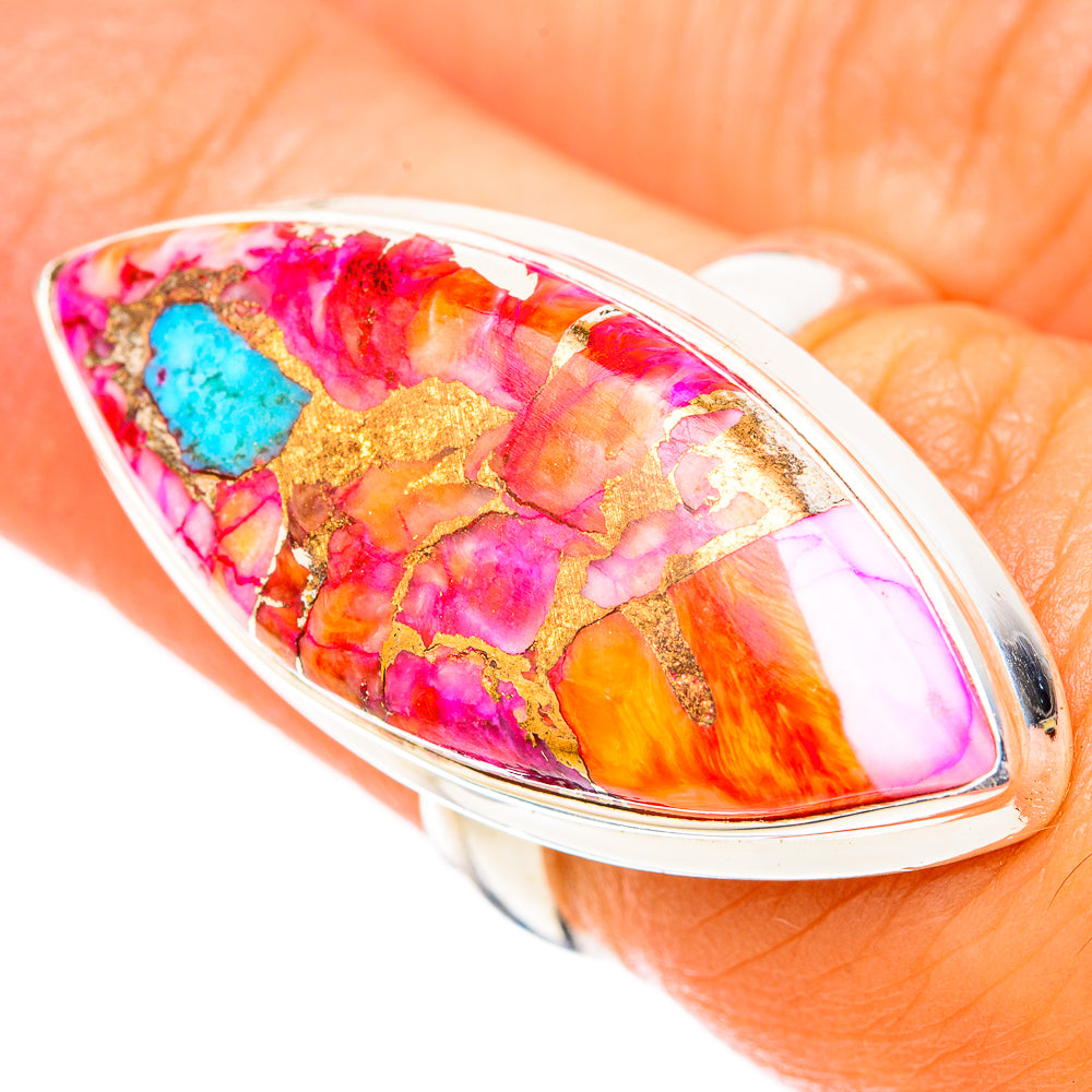 Sterling silver oval ring with pink, orange, gold flecks and turquoise blue inlay