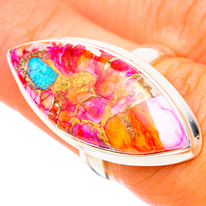 Sterling silver oval ring with pink, orange, gold flecks and turquoise blue inlay