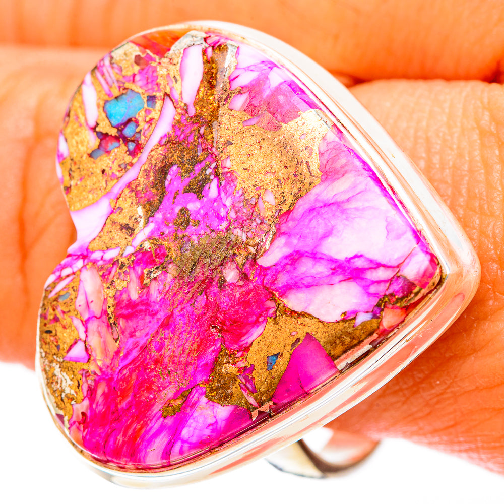 Heart-shaped pink resin and gold flake ring with turquoise specks, sterling silver bezel