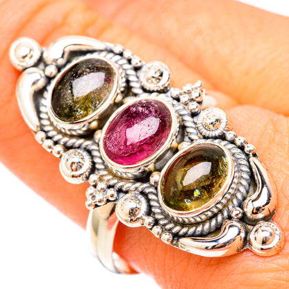 925 sterling silver tourmaline ring with pink oval center and green/yellow side stones