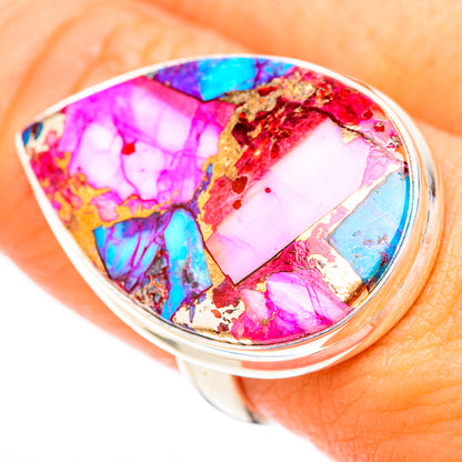Sterling silver oval gemstone ring, pink and turquoise mosaic with purple highlights
