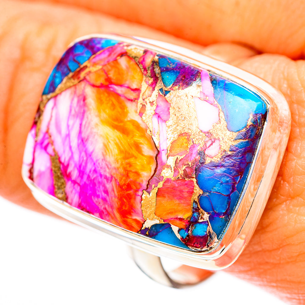Rectangular multicolor gemstone inlay ring in 925 sterling silver, close-up detail