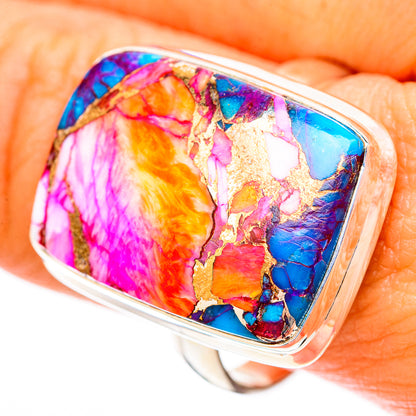 Rectangular multicolor gemstone inlay ring in 925 sterling silver, close-up detail