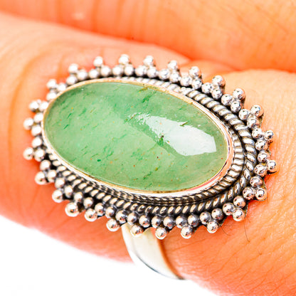 Oval green aventurine ring in 925 sterling silver, beaded halo setting