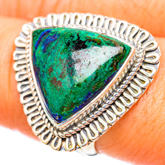 Large trianguar stone ring with green-blue malachite in silver bezel, ornate side details
