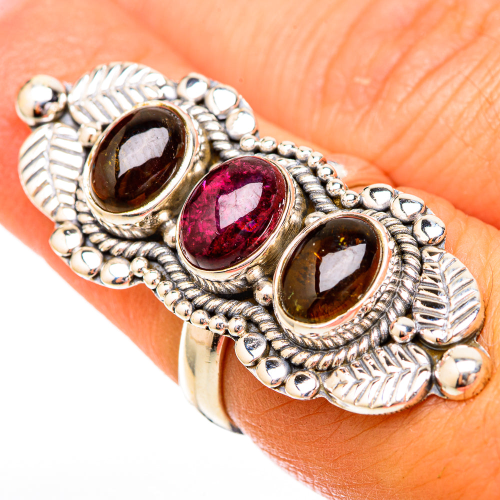 Large oval tourmaline ring in sterling silver with dark brown and pink gemstones