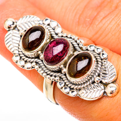 Large oval tourmaline ring in sterling silver with dark brown and pink gemstones
