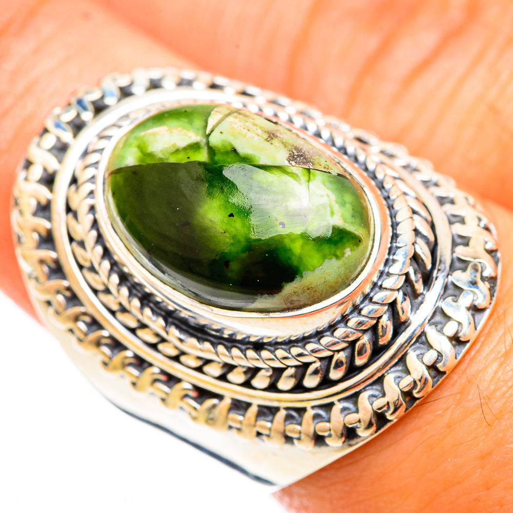 Sterling silver green opal cabochon ring, oval setting with rope edging and carved band
