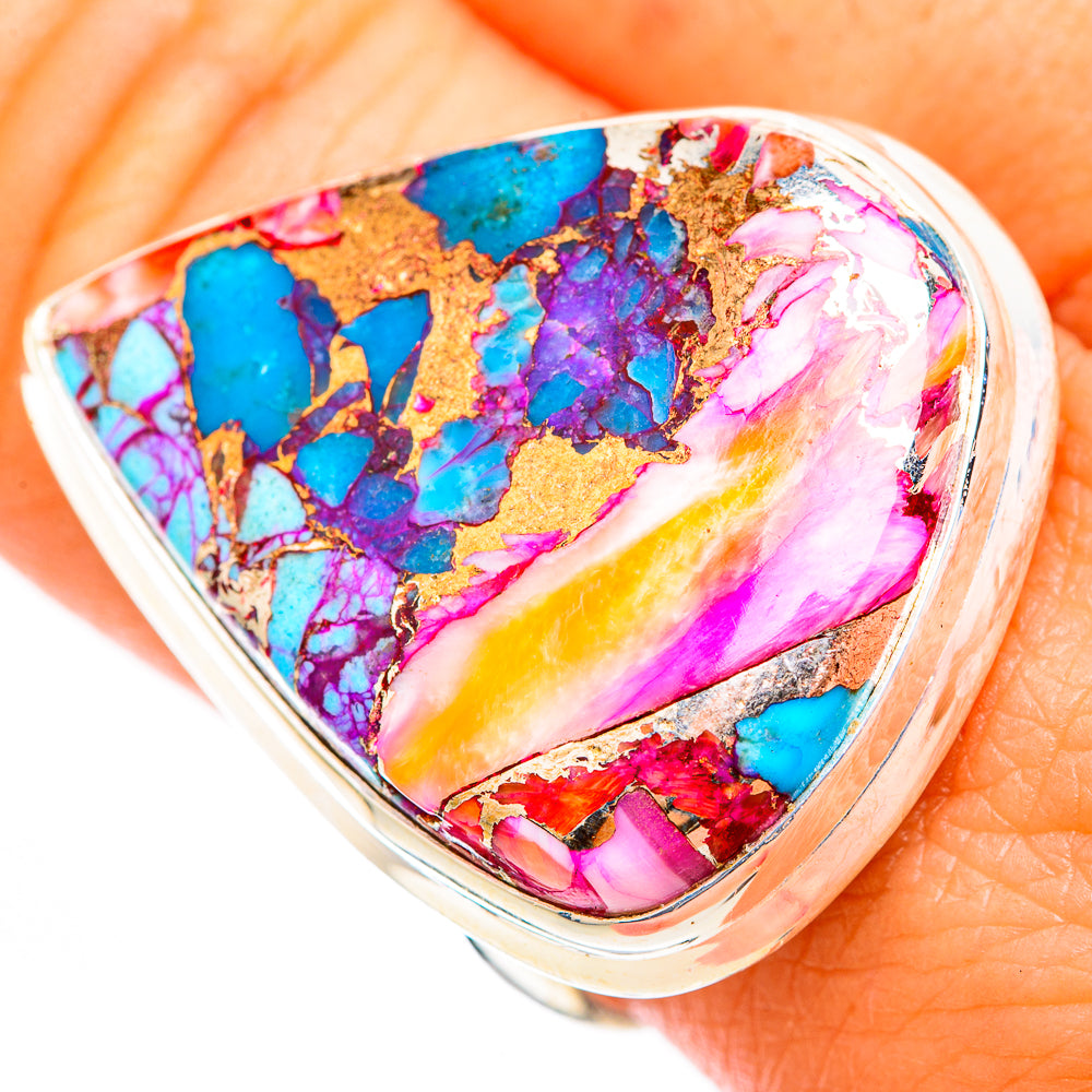 Sterling silver teardrop ring with colorful pink, blue, turquoise mosaic stone face