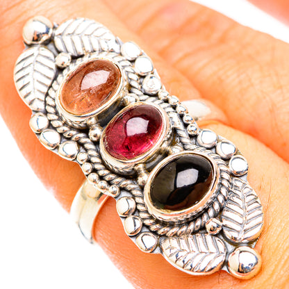 925 sterling silver owl-style ring with oval orange, red, and dark tourmaline stones