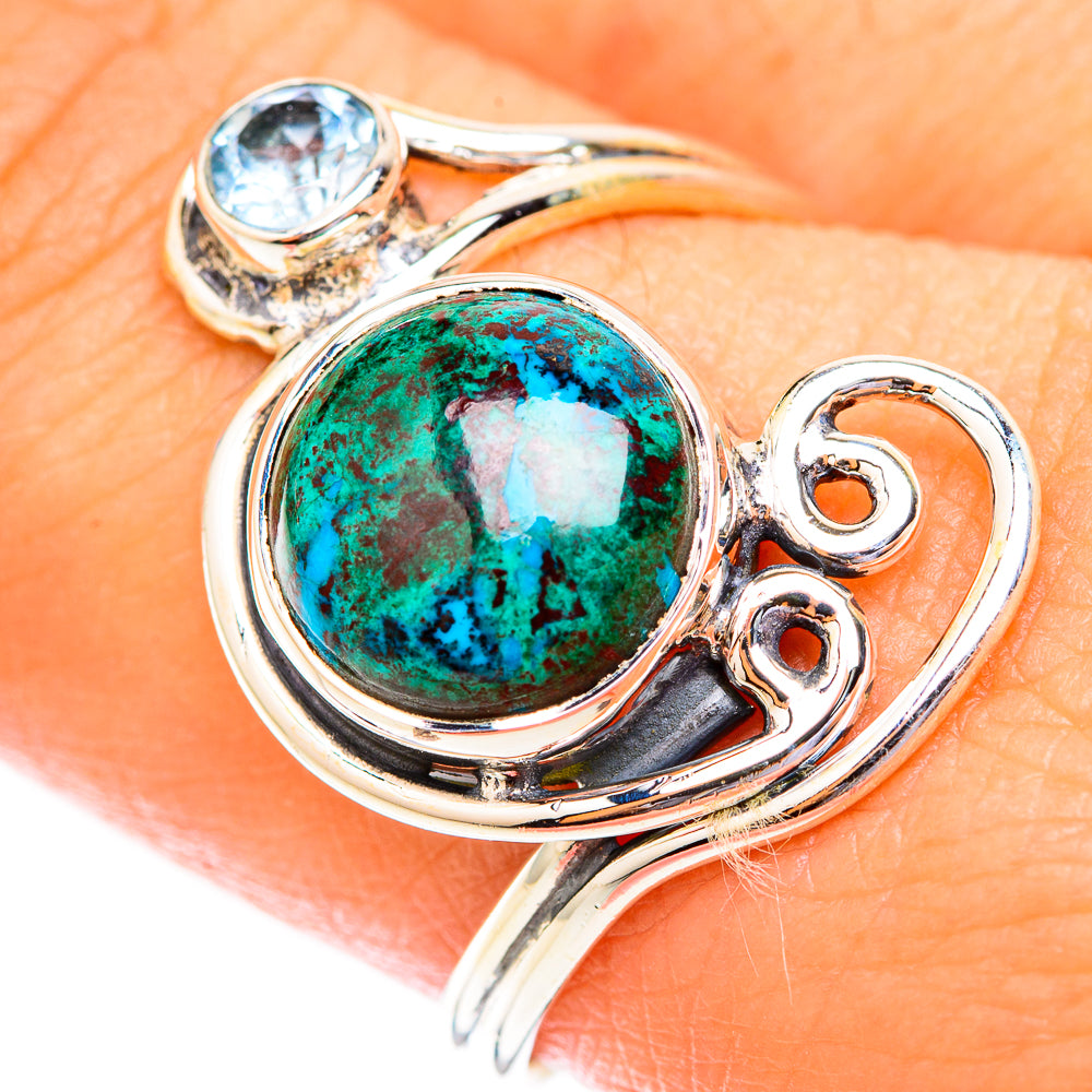 925 sterling silver ring with blue topaz and green shattuckite round stones