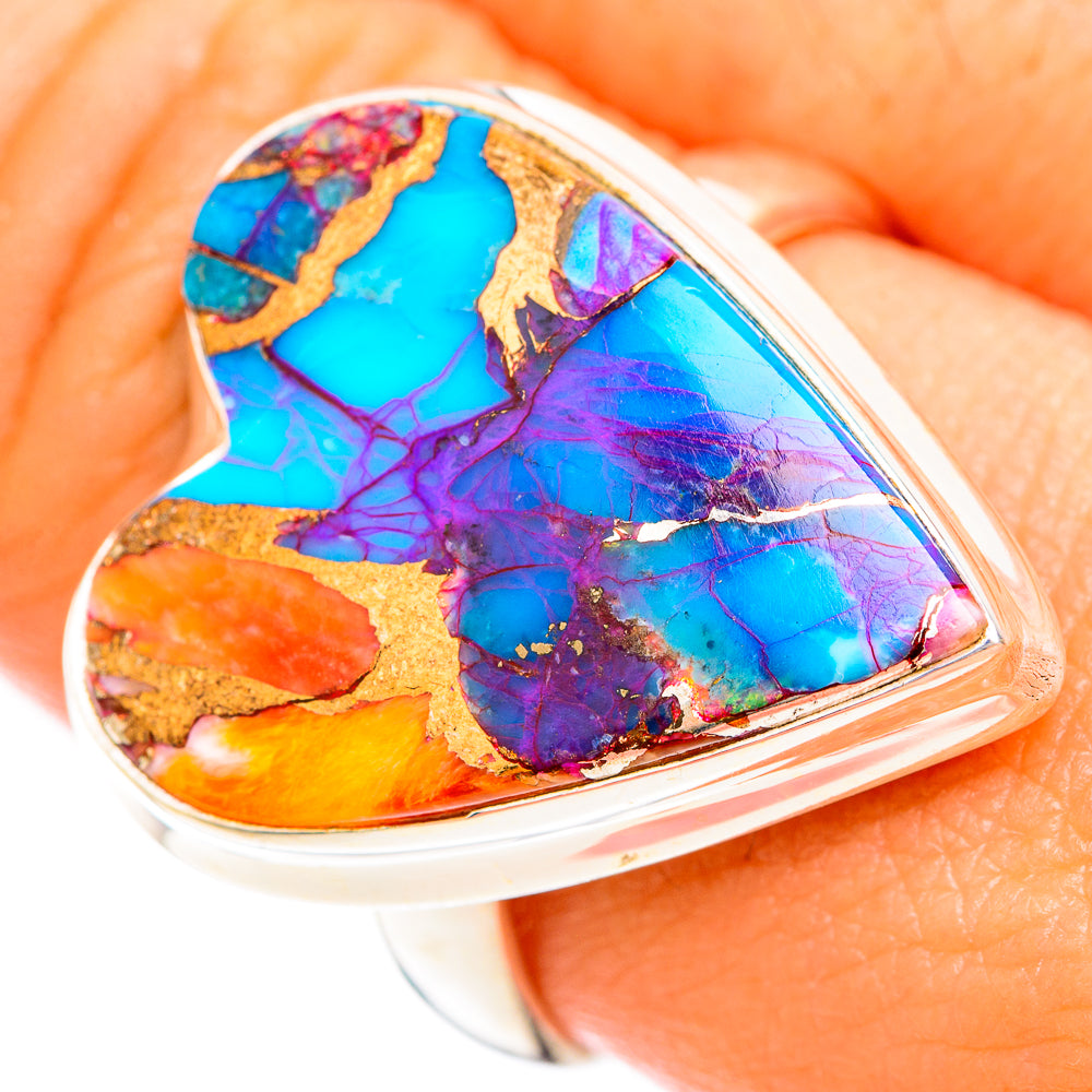 Heart-shaped turquoise, blue, purple & orange mosaic stone set in sterling silver ring