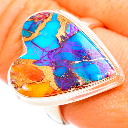 Heart-shaped turquoise, blue, purple & orange mosaic stone set in sterling silver ring