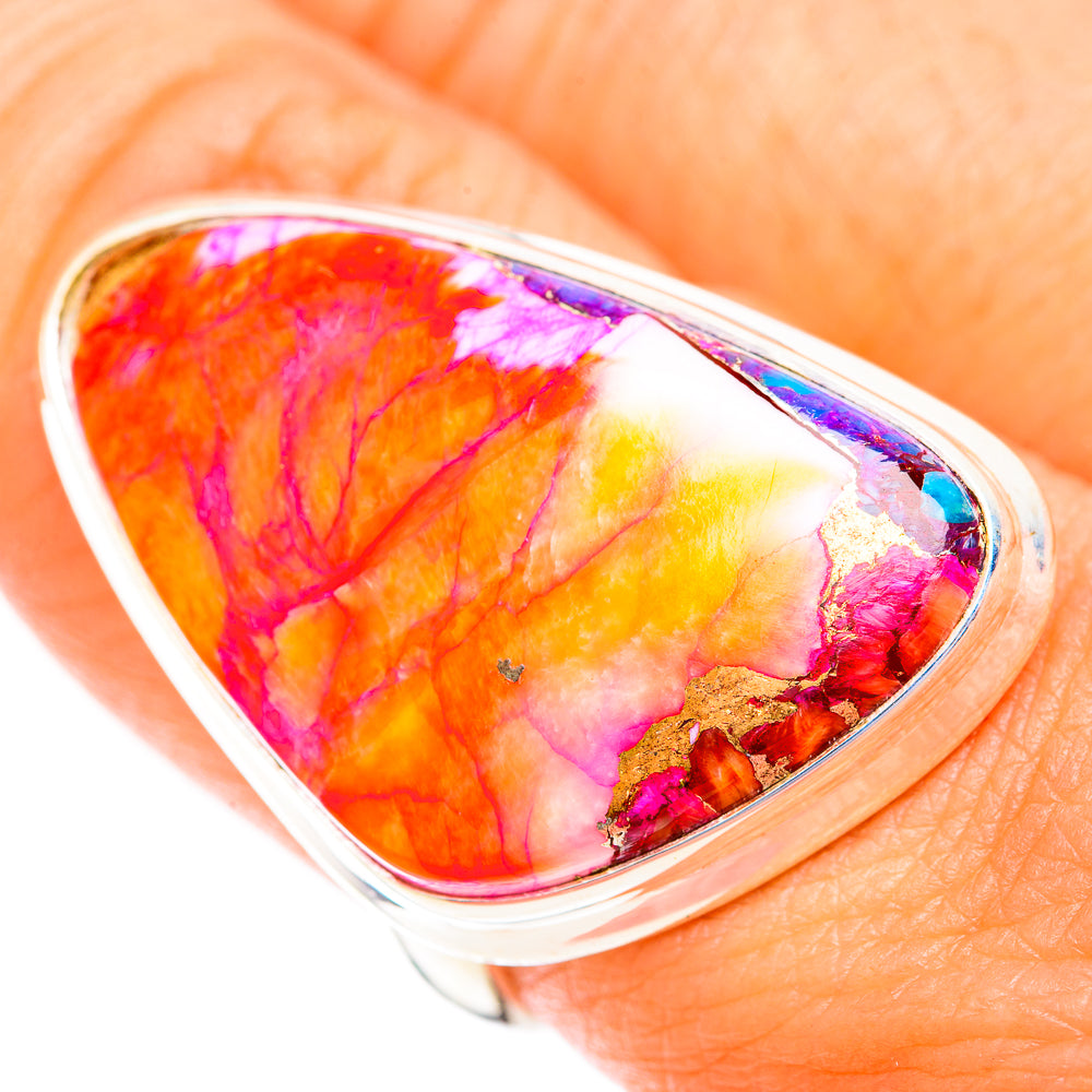 Orange, pink and purple teardrop cabochon ring with sterling silver band