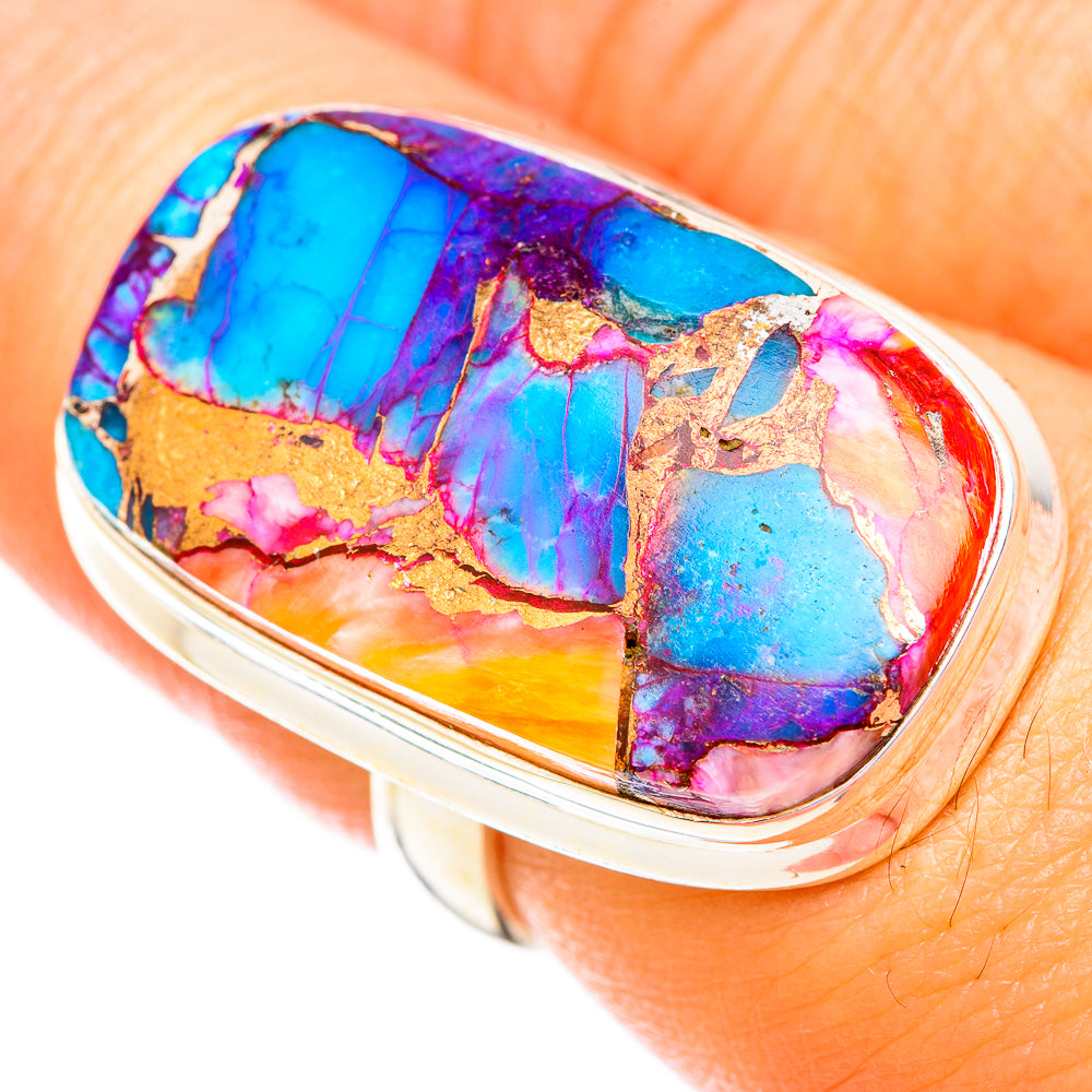 Sterling silver oval ring with turquoise, pink, and gold-tone stone mosaic