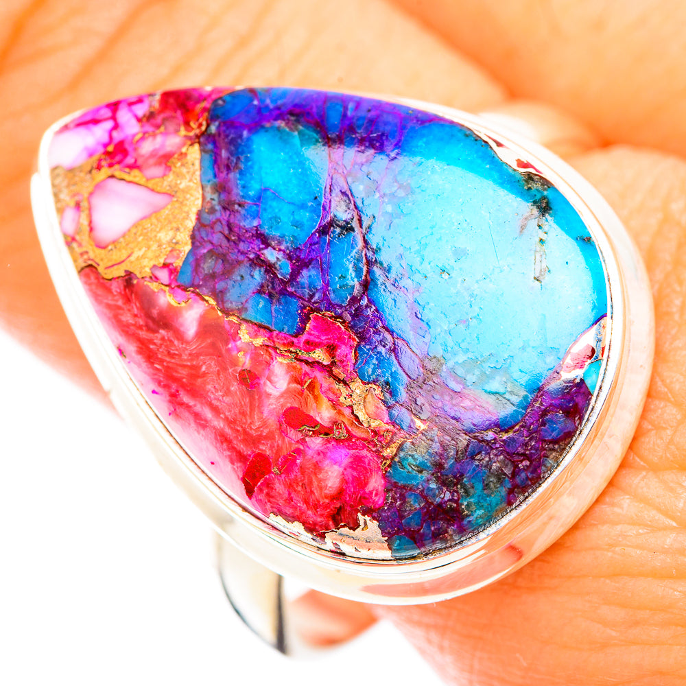 Size 12 sterling silver ring with teardrop cabochon in pink red and blue turquoise hues