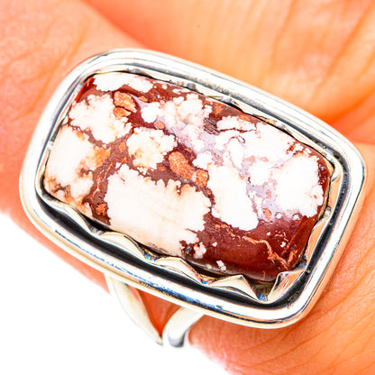 Sterling silver ring with Wild Horse jasper cabochon, close-up of white and rust-brown pattern