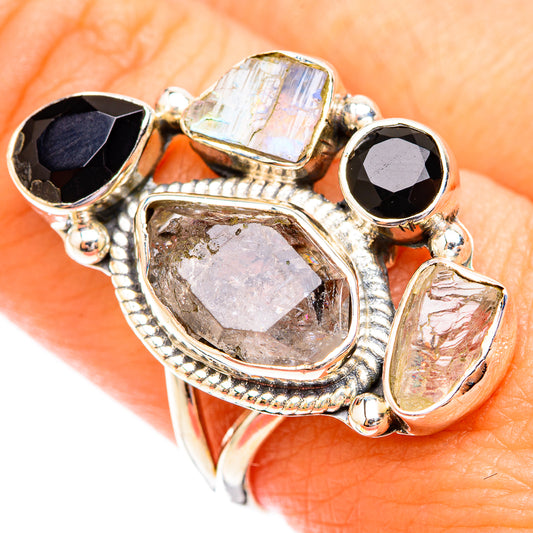 Herkimer Diamond, Black Onyx, Rainbow Moonstone Rings handcrafted by Ana Silver Co - RING119337