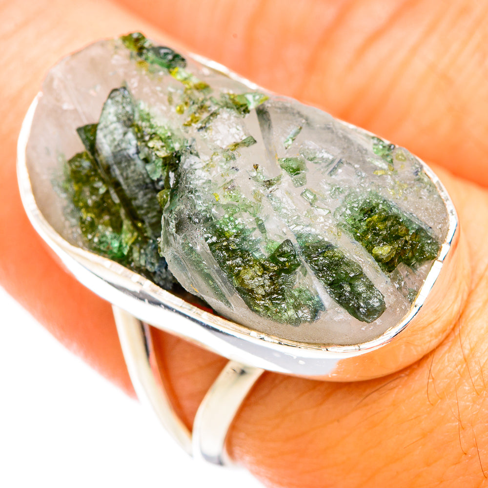 Green tourmaline in quartz oval ring in 925 sterling silver, green crystal inclusions