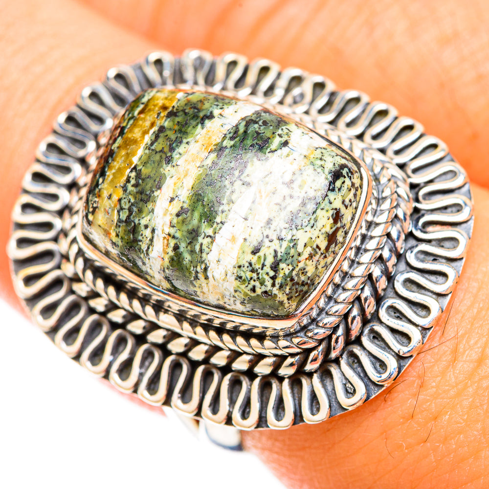 925 sterling silver ring, green Swiss opal oval cabochon, rope and wave bezel detail