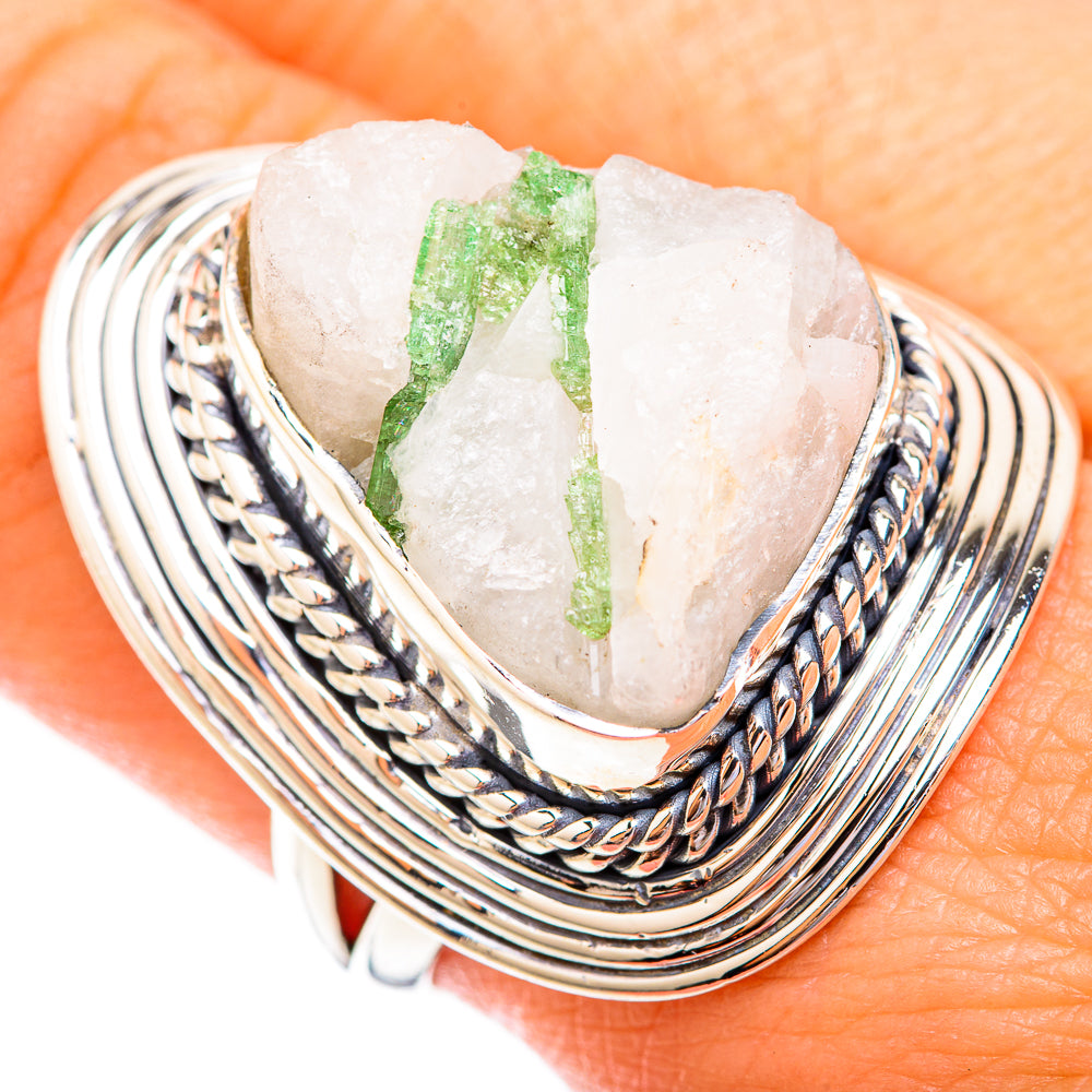 Heart-shaped quartz cabochon ring, green tourmaline streaks in sterling silver oval bezel