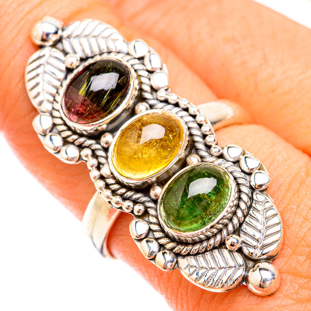 Tourmaline ring size 9, 925 sterling silver with three oval green, yellow, and multicolor stones