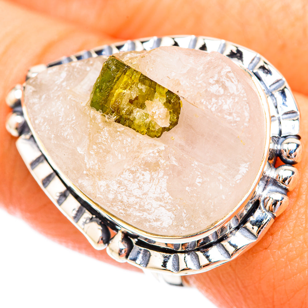 Silver-tone teardrop ring with clear quartz and green tourmaline, bezel with bead detailing