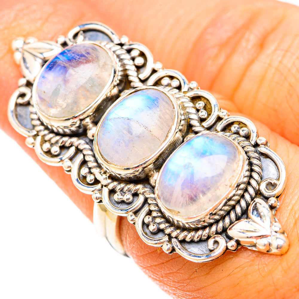 925 sterling silver moonstone ring with three oval stones, blue-white rainbow shimmer
