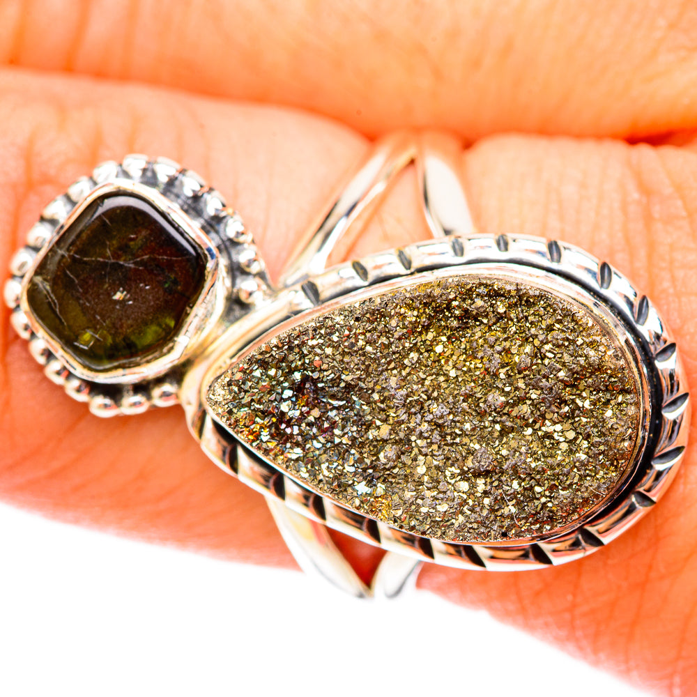 925 sterling silver druzy ring with oval gold-green center and green top stone