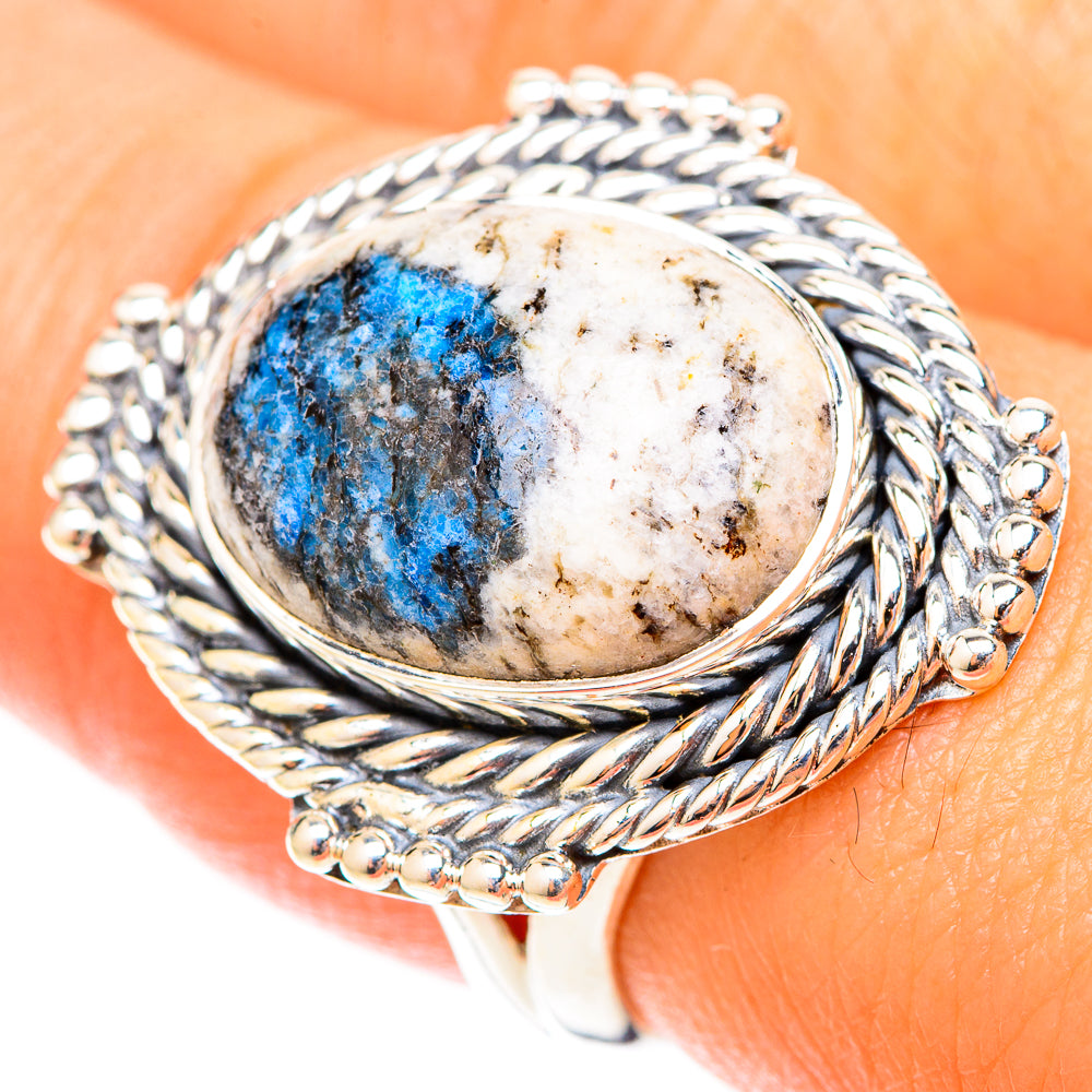 Sterling silver ring with oval blue azurite stone and rope-braid bezel