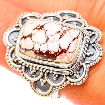 Wild horse jasper ring, oval red-and-white cabochon in engraved silver bezel
