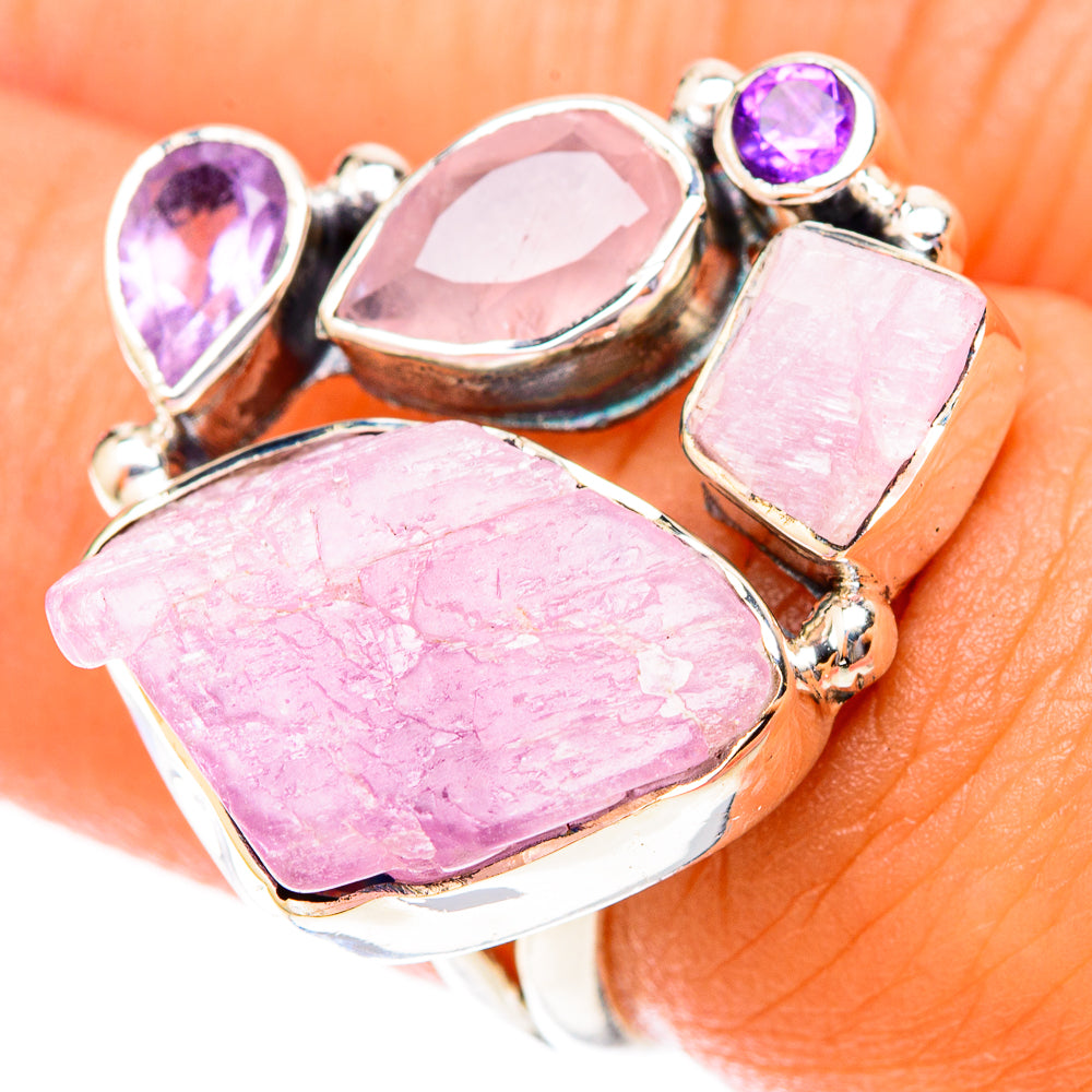 Sterling silver statement ring with pink rose quartz slabs and small purple amethyst