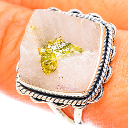 Square bezel sterling silver ring with faceted quartz and green tourmaline crystal