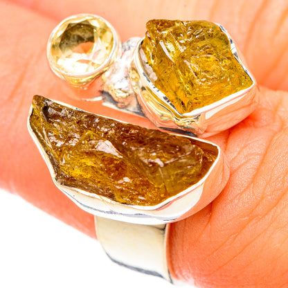 Sterling silver adjustable ring with large rough yellow citrine and small round yellow stone
