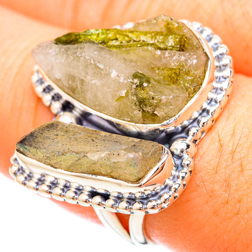 Sterling silver tourmaline-in-quartz ring with oval green stone highlights and beaded edges