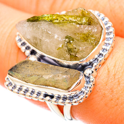 Sterling silver tourmaline-in-quartz ring with oval green stone highlights and beaded edges