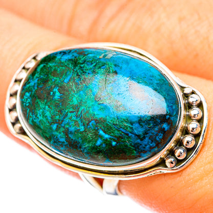 Oval turquoise-blue and green gemstone ring with 925 silver oval bezel and ball accents