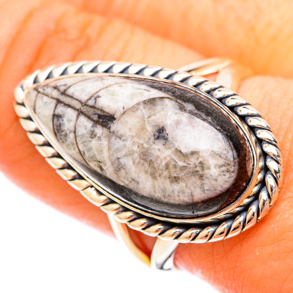 Oval fossil orthoceras ring, sterling silver with rope-edged bezel