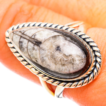 Oval fossil orthoceras ring, sterling silver with rope-edged bezel