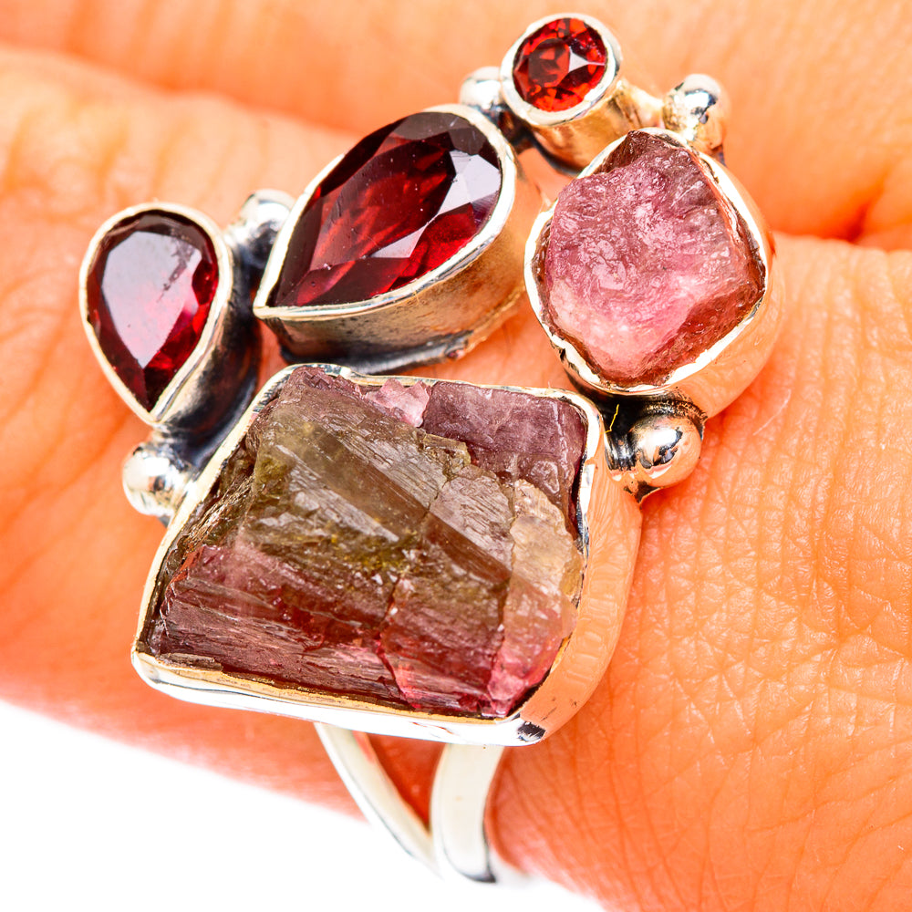 925 sterling silver ring with rough red garnet cluster and small round red accents