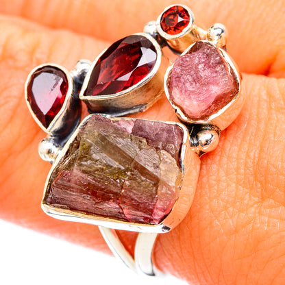 925 sterling silver ring with rough red garnet cluster and small round red accents