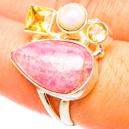 Sterling silver ring with large pink rhodochrosite pear center, citrine and pearl accents