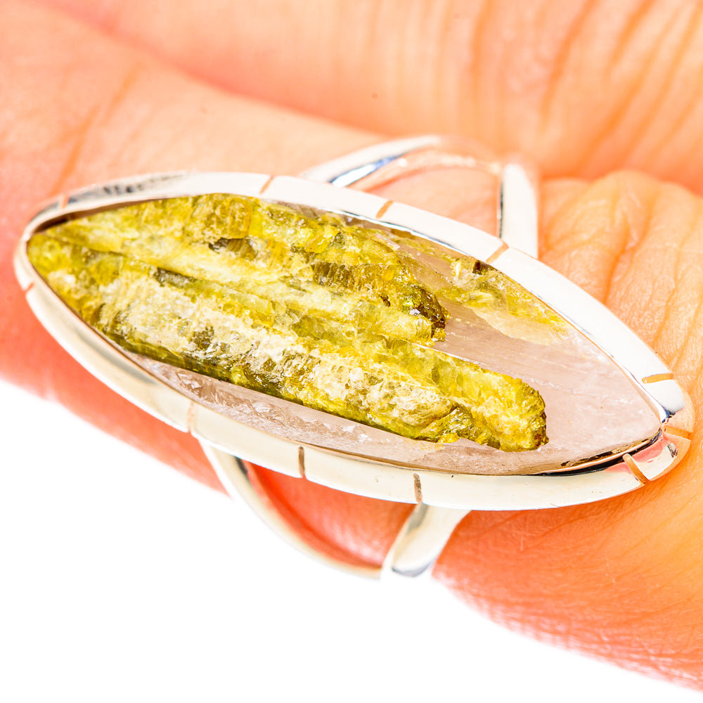 Oval green tourmaline quartz ring in polished sterling silver bezel, side view