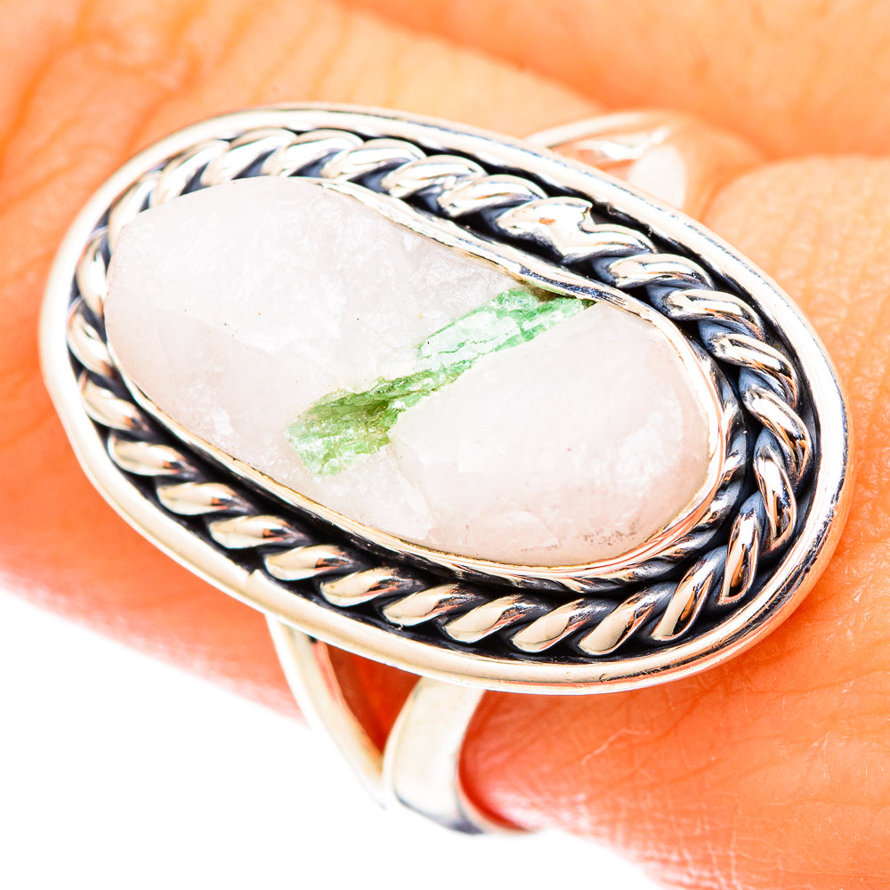 Oval gemstone ring featuring green tourmaline in quartz with rope-style silver bezel