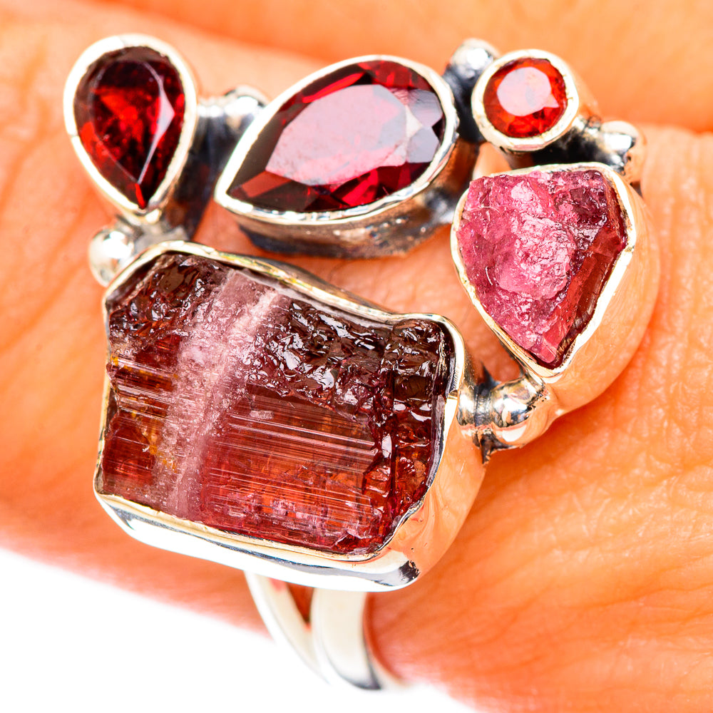 925 sterling silver gemstone ring with large pinkish-red rough stone cluster