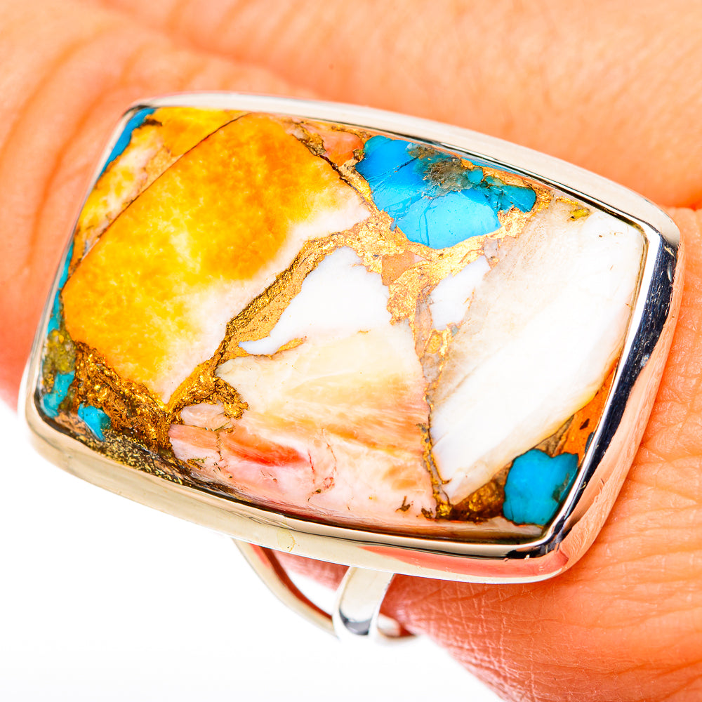 Sterling silver turquoise spiny oyster ring, rectangular setting with orange and white marbling