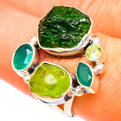 Rough green gemstone ring in 925 sterling silver, multi-stone with faceted green accents