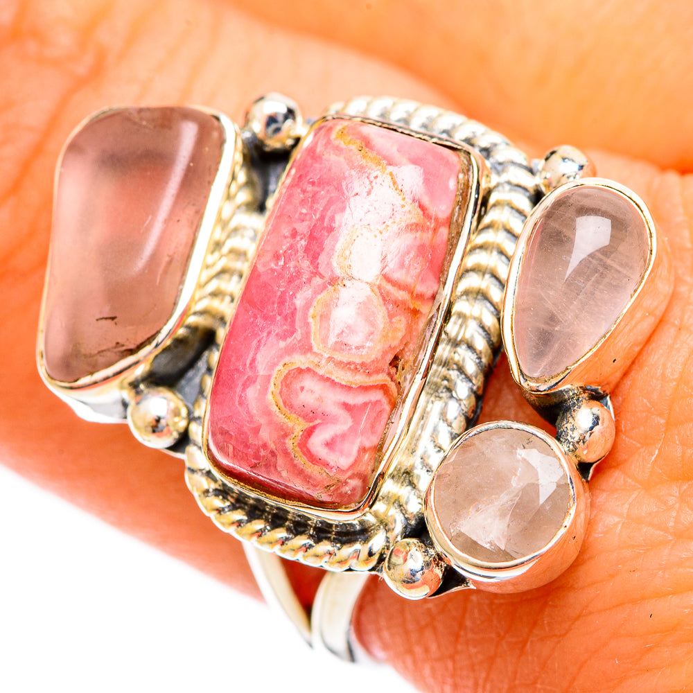 Sterling silver ring with pink rectangular rhodochrosite and rose quartz accent stones